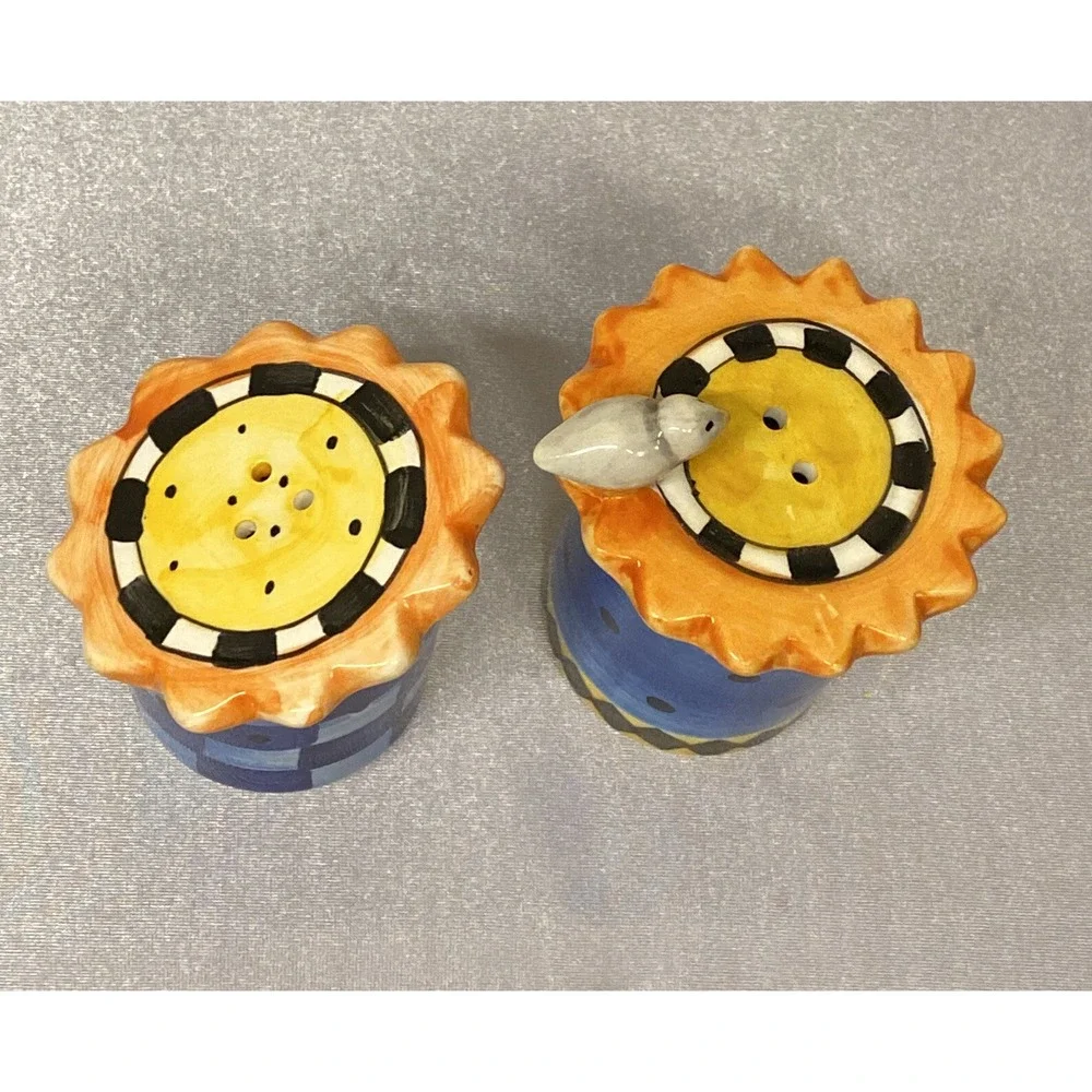 Salt & Pepper Shakers SunFlower With Bird Hand Painted 3Oz. Colorful Pre-Owned